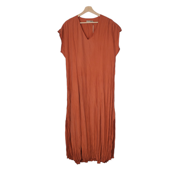 Go Silk Crinkle Cut Midi Dress Washable Silk Cayenne V-Neck Orange Size S NEW - Picture 2 of 11